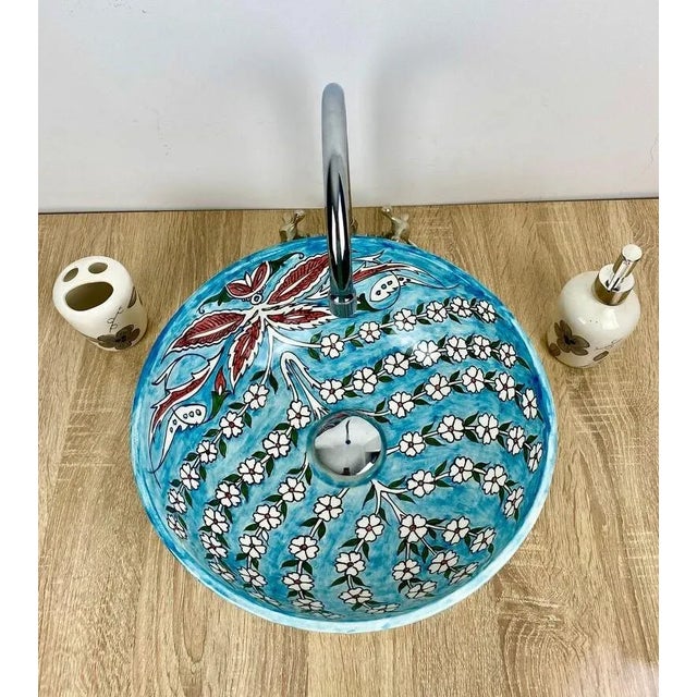 Moroccan Artistic Sink for Bathroom, Handpainted Blue Ceramic For Sale - Image 6 of 7