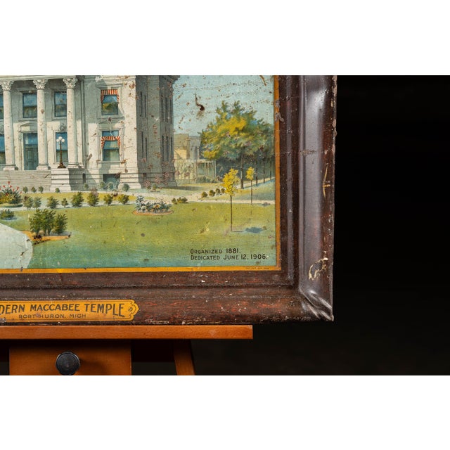 Neoclassical Early 20th Century "Modern Maccabee Temple" Self-Framed Tin Litho Sign For Sale - Image 3 of 8