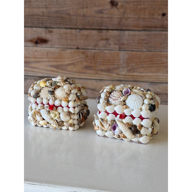 Textile Pair of Vintage Shell Encrusted Velvet Lined Trinket or Ring Boxes For Sale - Image 7 of 11