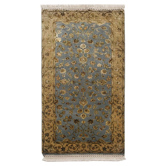 Blue and Gold Yellow Wool & Silk Handmade Jaipur Carpets, 1984, Set of 2 For Sale