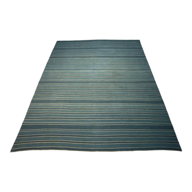 Vintage Dhurrie Rug in Bluewith Stripes, From Rug & Kilim For Sale