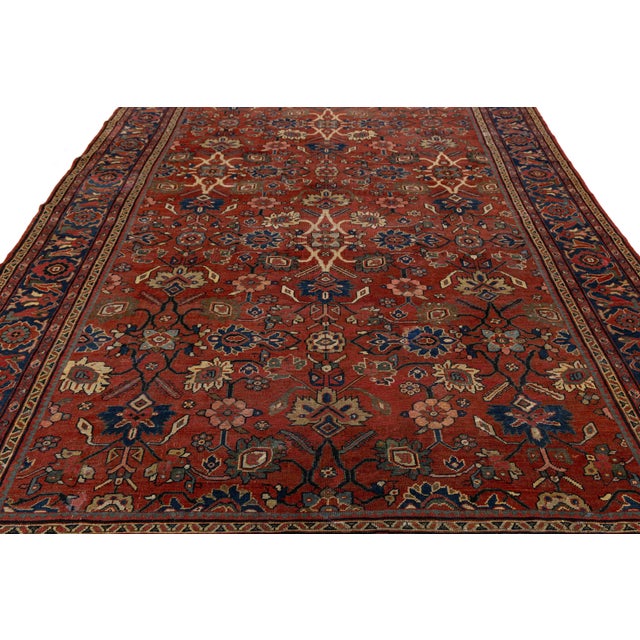 Textile 9 X 12 Vintage Mahal Wool Rug - Terracotta and Indigo Floral Medallion Motif For Sale - Image 7 of 10