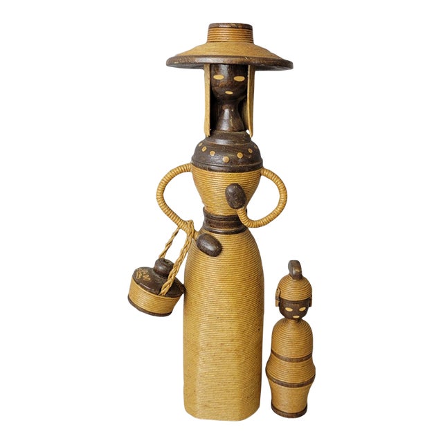 Mid-Century Scandinavian Folk Art Straw-Wrapped Wooden Doll Set – Mother & Child For Sale