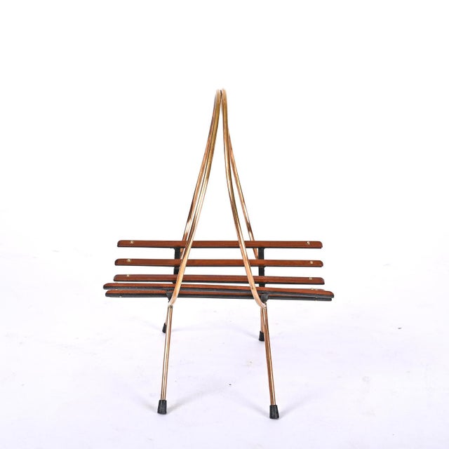 Mid-Century Italian Enameled Metal, Teak and Brass Magazine Rack, 1960s For Sale - Image 6 of 16