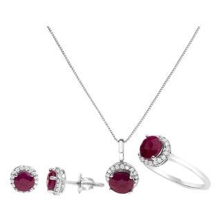 10K White Gold Red Ruby and 3/8 Cttw Diamond Halo Jewelry Set (Earrings, Pendant & Ring) For Sale