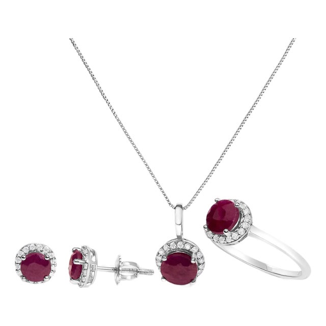 10K White Gold Red Ruby and 3/8 Cttw Diamond Halo Jewelry Set (Earrings, Pendant & Ring) For Sale