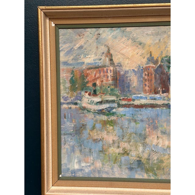 Mid-Century Modern Arvidsson, Waterfront Cityscape, 1950s, Oil Painting on Panel, Framed For Sale - Image 3 of 15