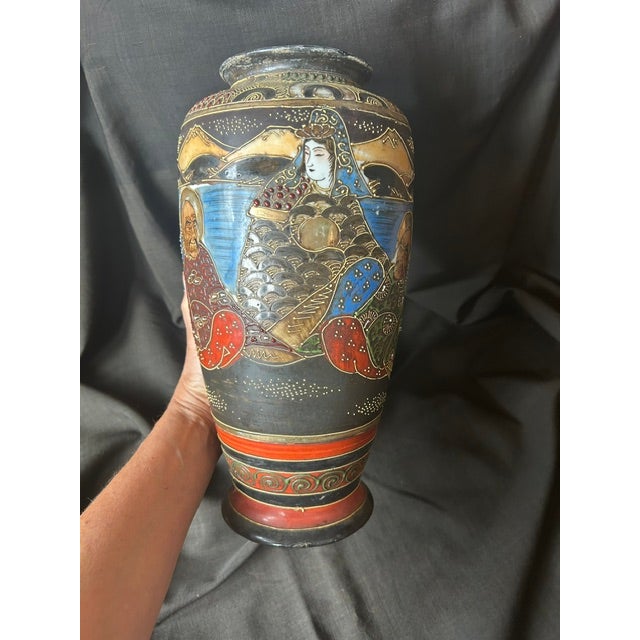 Ceramic Antique Japanese Satsuma Style Hand Painted Moriage Porcelain Vase For Sale - Image 7 of 16