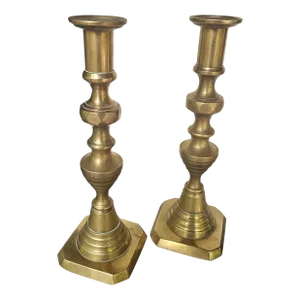 Antique English Push Up Brass Candlesticks - a Pair