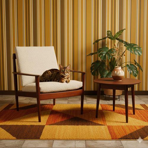 Vintage armchair with exposed teak wood frame, newly renovated cushions with beige bouclé fabric that rest on rubber...