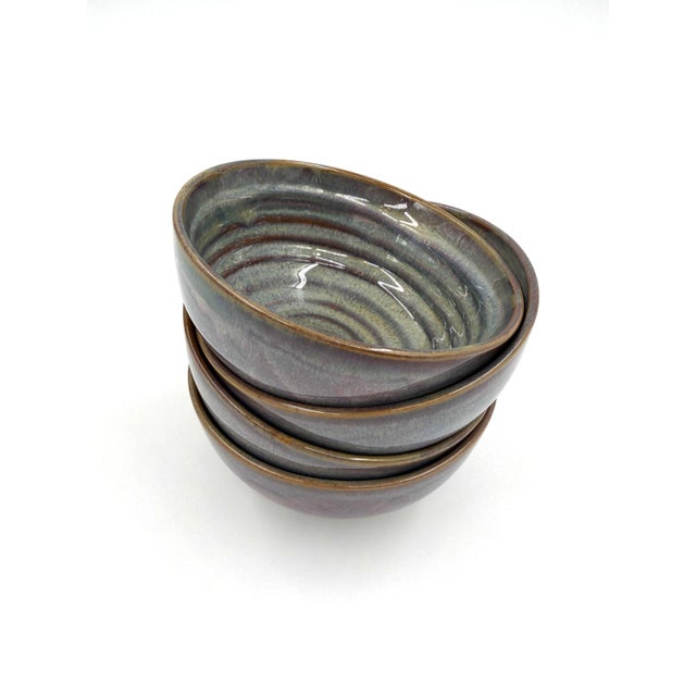 Modern Vietnamese Dual-Glaze Stoneware Ceramic Rice Bowls With Spiral Motif -Set of 4 For Sale - Image 3 of 6
