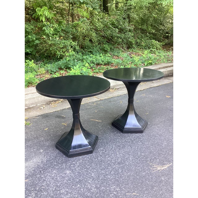 Art Deco Eichholtz Attributed Harlem Round Piano Black Top End Tables - A Pair For Sale - Image 3 of 8