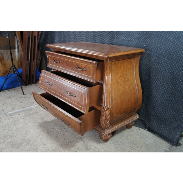 Late 20th Century Vintage French Louis XVI Tooled Leather Bombe Chest Dresser Commode 44" For Sale - Image 5 of 12