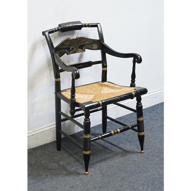 Ethan Allen Ethan Allen Hand Decorated Collection Black & Gold Hitchcock Style Arm Chair W. Rush Seat 14-6110a For Sale - Image 4 of 10