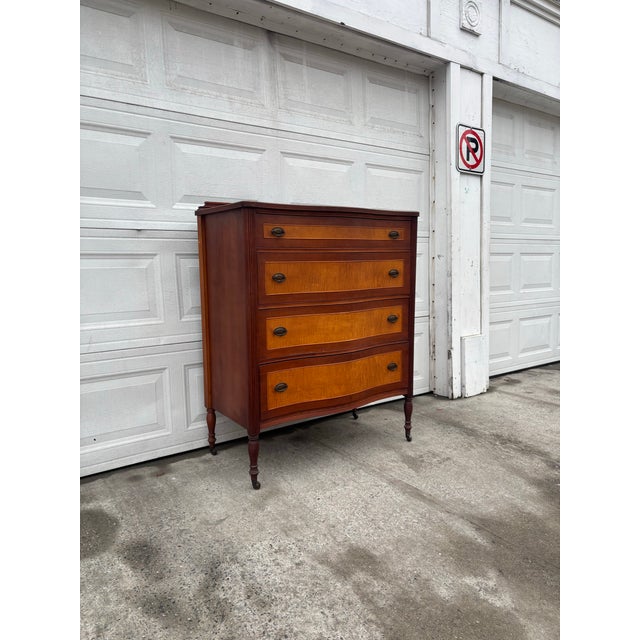 American Antique Colonial Revival Serpentine Chest of Drawers, 1920s American Cherry & Maple Dresser, Vintage Curved Front Bedroom Furniture, Wood For Sale - Image 3 of 12