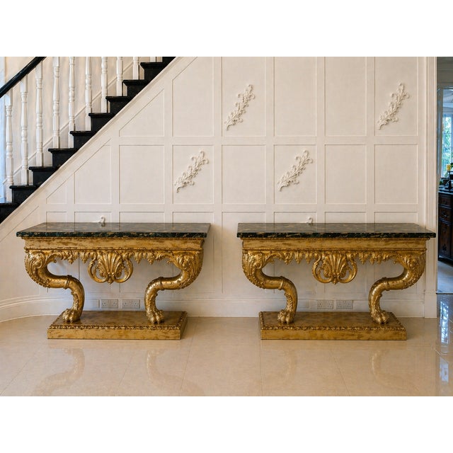 Antique Baroque Revival Italian Giltwood Console Tables with Breccia Marble Tops and Lion's Paw Supports, 1850s, Set of 2 For Sale - Image 15 of 15