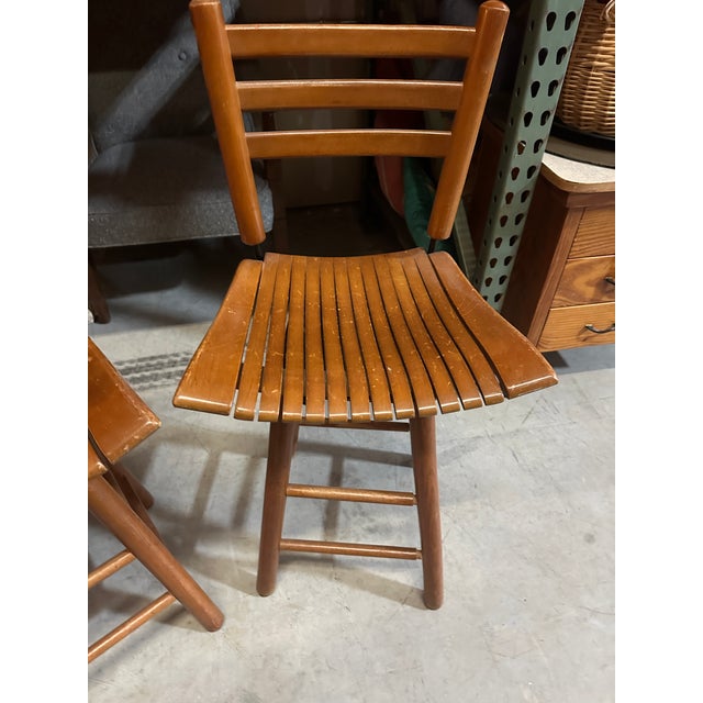 Pair of 1970s Wooden Slat Swivel Bar Stools For Sale In Atlanta - Image 6 of 7
