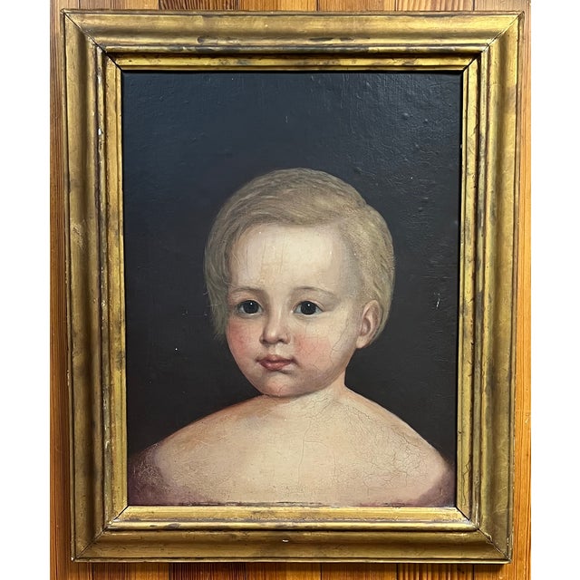 Antique 18th Century English George III Primitive Folk Art Oil Painting - Portrait of a Young Boy in Gilt Wood Frame Circa 1790 For Sale - Image 12 of 12
