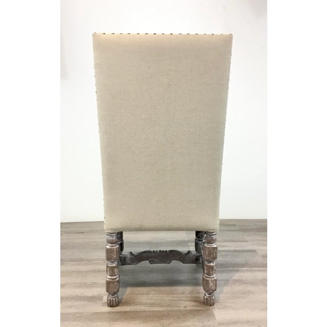Beige Transitional High Back Carved Wood Beige Linen Dining Chairs Set of Four For Sale - Image 8 of 9