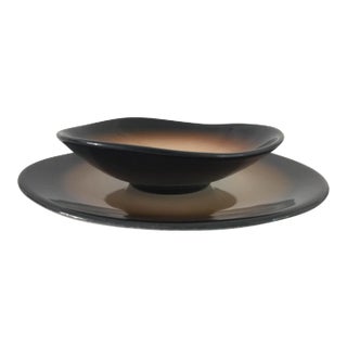 World Tableware Pebblebrook Brown & Tan Serving Plate and Dip Set - a Pair For Sale