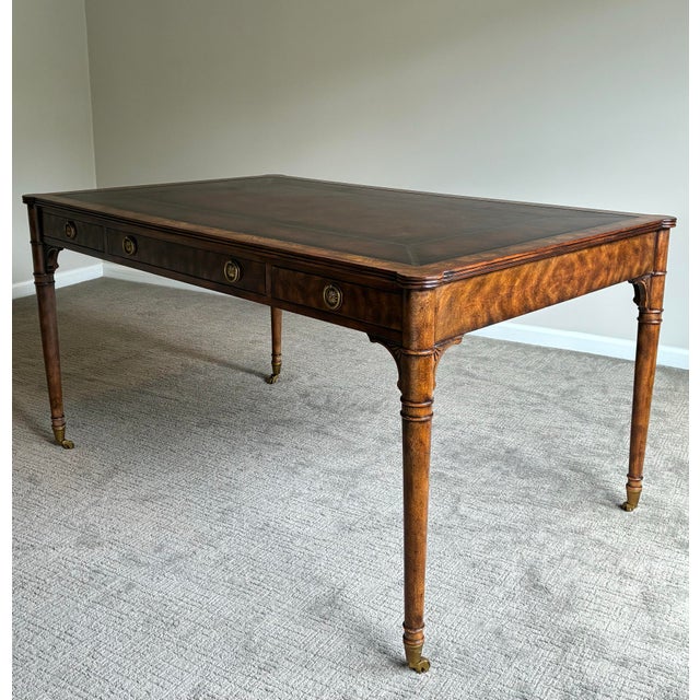 Wood Late 20th Century Theodore Alexander “Man of Letters” Flame Mahogany Leather Partners Desk For Sale - Image 7 of 12