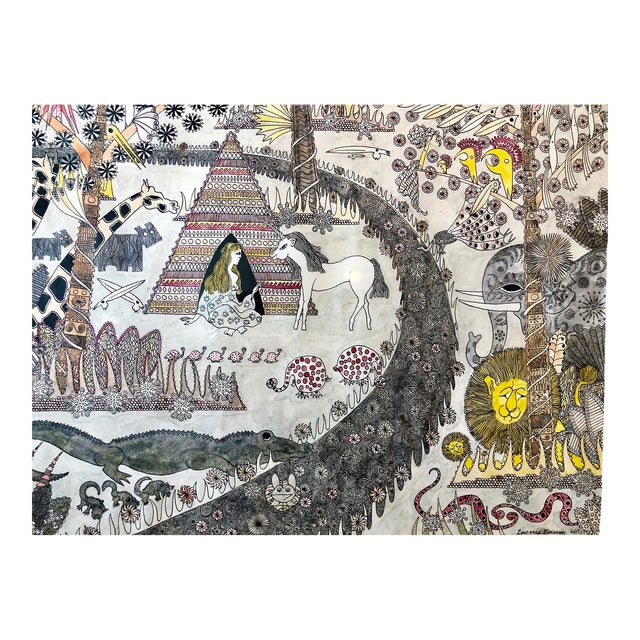 Laurence Donovan, Mod Surrealist 1970's Drawing Watercolor Painting Jungle Fantasy, Unicorn, Lion, 1974 For Sale