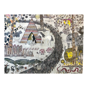 Laurence Donovan, Mod Surrealist 1970's Drawing Watercolor Painting Jungle Fantasy, Unicorn, Lion, 1974