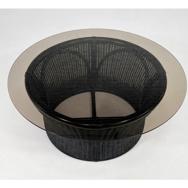 Wood Round Coffee Table in Black Lacquered Wicker and Smoked Glass, 1970s For Sale - Image 7 of 7