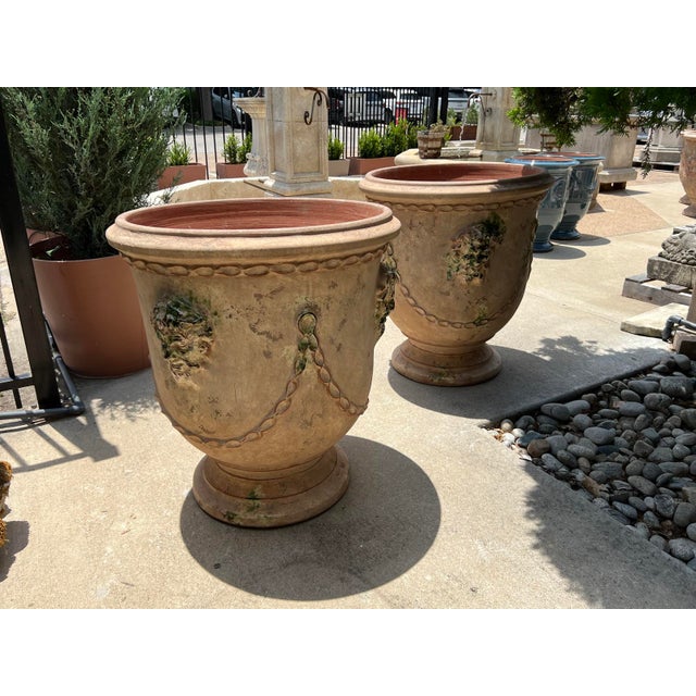 Pair of French Garden Pots From Anduze With Antiqued Patina, Mascarons and Swags For Sale - Image 10 of 16