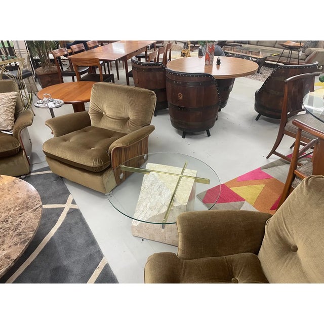 Alabaster Round Glass Topped Tessellated Stone Brass Cantilever Coffee Table or Side Table For Sale - Image 8 of 15