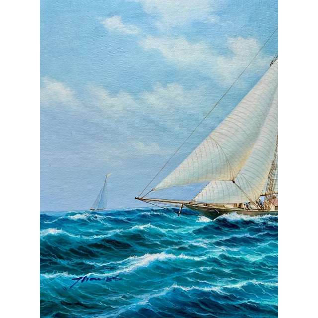 Textile Original Maritime Watercolor Painting, Classic Sailboat Regatta Scene, Unstretched, by Thomas For Sale - Image 7 of 7