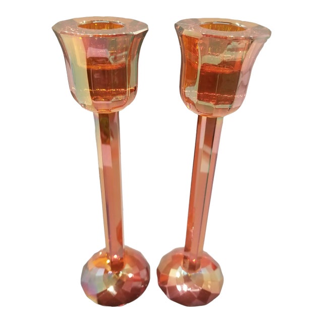 Crystal Faceted 8" Candlestick Pair For Sale