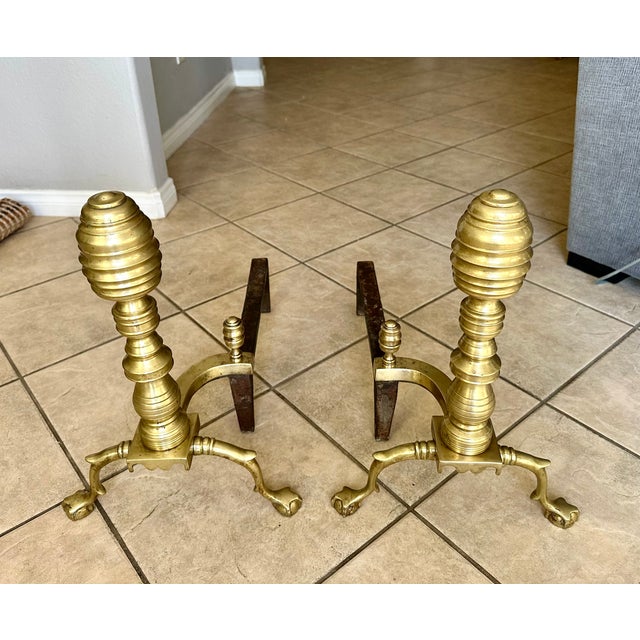 Brass Pair Large Federal Beehive Ball Claw Brass Andirons For Sale - Image 8 of 18