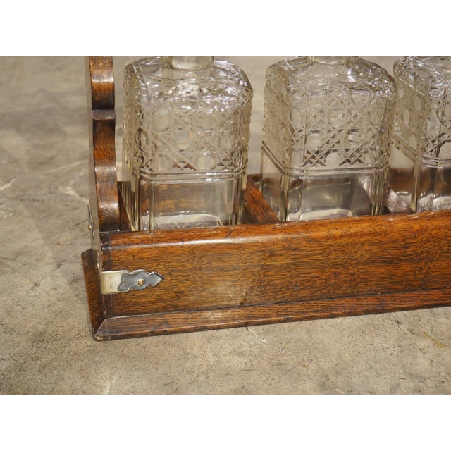 19th Century 3-Bottle English Oak and Silver Plated Locking Decanter Set For Sale - Image 11 of 18