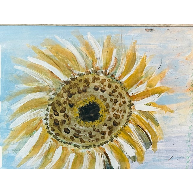1970s Abstract Sunflower Painting Artist Signed in Dark Rustic Frame For Sale - Image 4 of 4