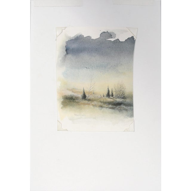 Delicate Vintage Winter Watercolor Landscape Simple and beautifully rendered landscape depicting a field with trees in the...