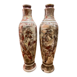 Pair of Antique Japanese Meiji Period Earthenware Satsuma Decorated Vases, Circa 1900