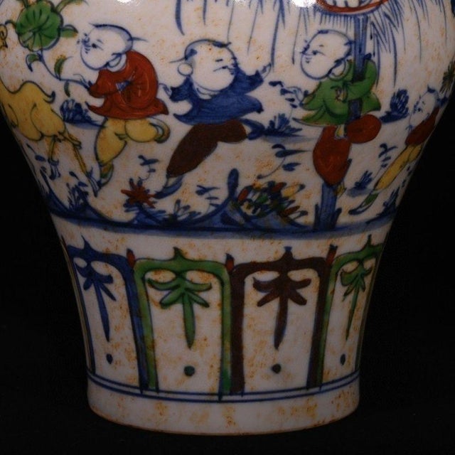Chinoiserie Pair of Chinese Wucai Lidded Ginger Jars, Figural Children and Deer Scene, Chinoiserie Ceramic Jar Set For Sale - Image 3 of 9