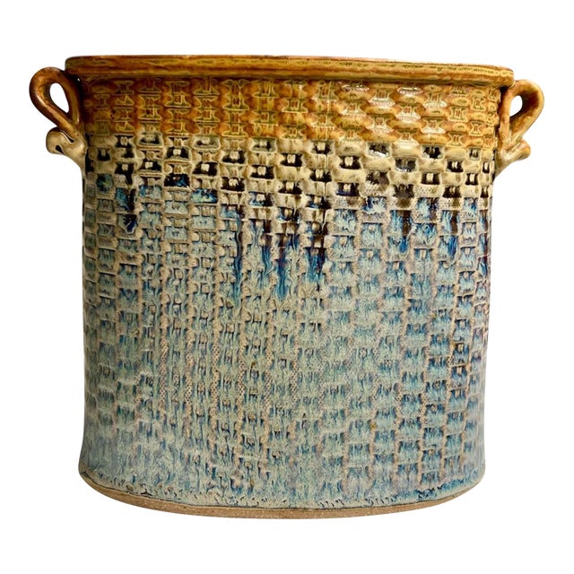 Brad Tucker Studio Pottery Basket Vase North Carolina Blue Brown Textured Glaze For Sale