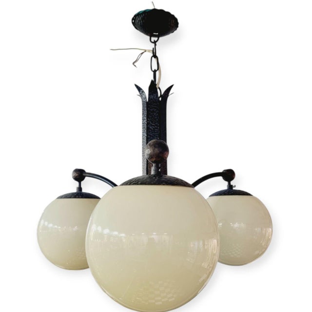 Art Deco 3-Arm Iron Chandelier with Opaline Glass Shades, 1930s For Sale - Image 3 of 7