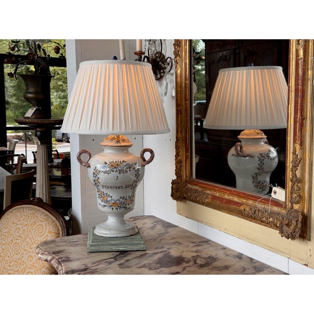 Ceramic Late 20th Century French Faience Lamp With Floral Wreath and Serpent Handles For Sale - Image 7 of 9