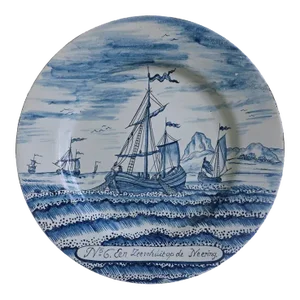 Antique Delft Plate Fishing Scene Dutch Delftware Porcelain Dish Axe Mark Delft
