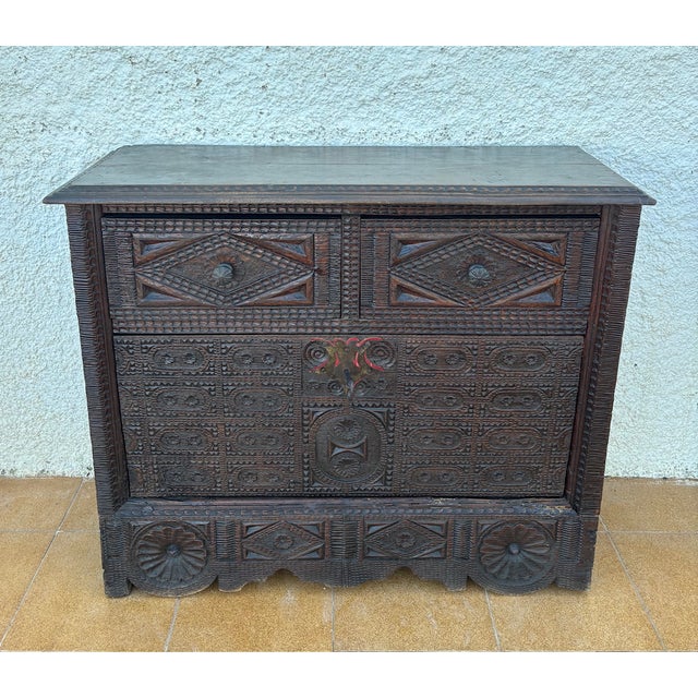Brown Spanish Renaissance Carved Cabinet with Drop-Front Door and Two Drawers, 1880s For Sale - Image 8 of 18
