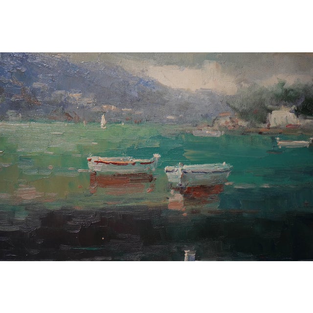 Artist Signed Boat & Village Oil Painting on Canvas For Sale - Image 10 of 12