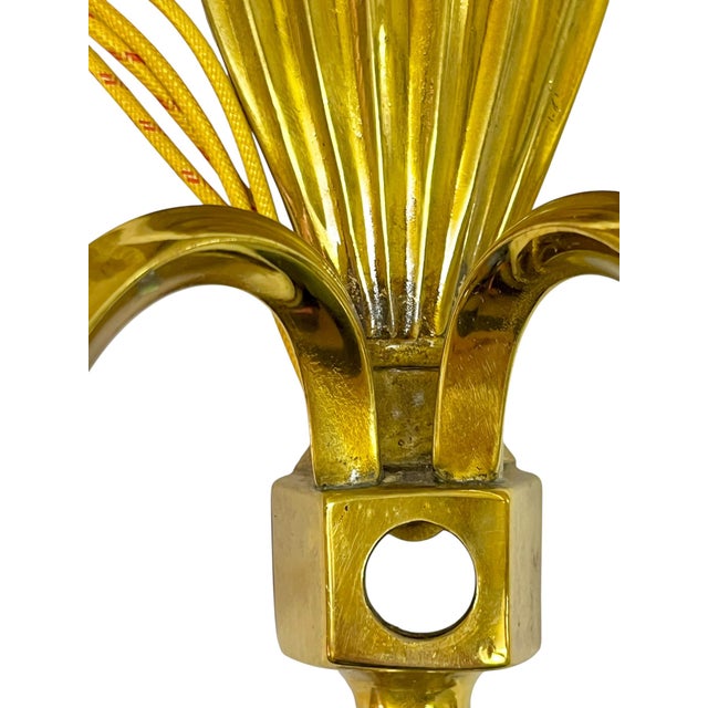 Brass Vintage Pair of Brass & Copper Neoclassical Double-Arm Wall Sconces With Pleated Silk Shades For Sale - Image 8 of 18
