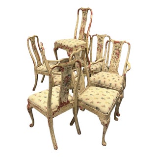 Early 20th Century Set of 8 Painted Chippy Dining Chairs with Needlepoint Floral Seats For Sale
