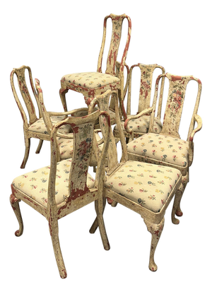 Early 20th Century Set of 8 Painted Chippy Dining Chairs with Needlepoint Floral Seats