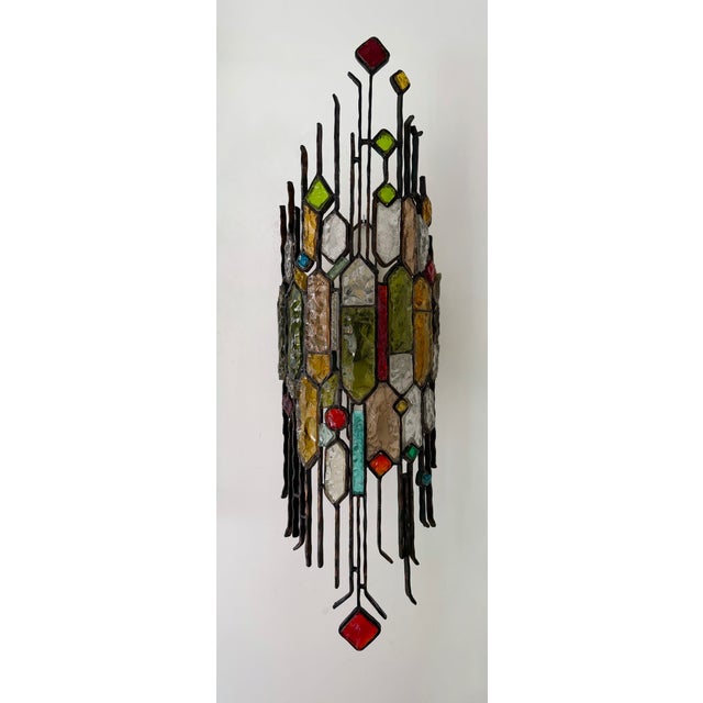 Mid-Century Modern Large Pair of Hammered Glass Wrought Iron Sconces by Longobard, Italy. 1970s For Sale - Image 3 of 15