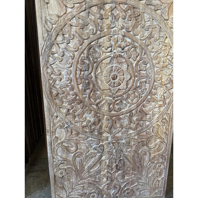 1920s Vintage Lotus Mandala Carved Barn Door – Reclaimed Wood Boho Wall Panel 80x36 For Sale - Image 5 of 8