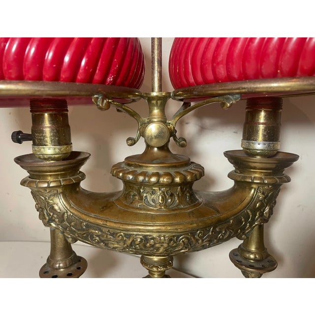 Metal Antique Ornate Solid Bronze Glass Double Harvard Electric Student Desk Lamp For Sale - Image 7 of 12